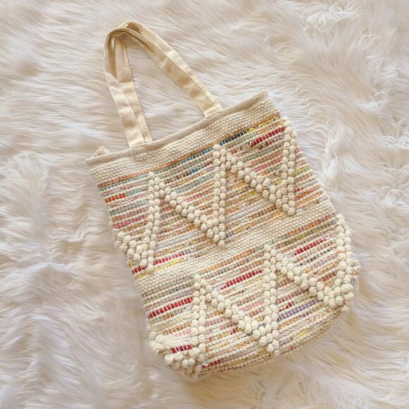 Homegoods Handbags - Boho Purse Tote Bag Woven Rainbow Chevron Wool Cotton Cottagecore Cream Beachy